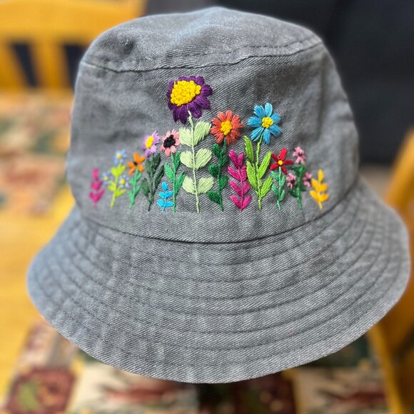 HANDMADE Accessories - Hand Embroidered FLORAL Khaki Bucket Hat, Beautiful Handsewn Gift, One-Size